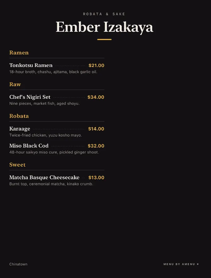 Printed Ember Izakaya menu