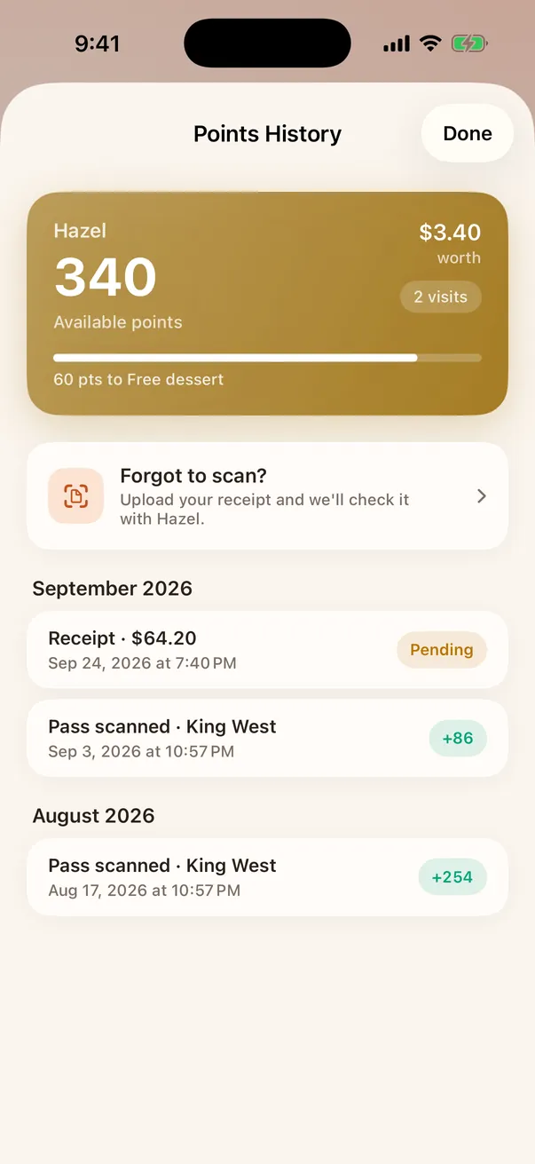 Points History with a pending receipt claim