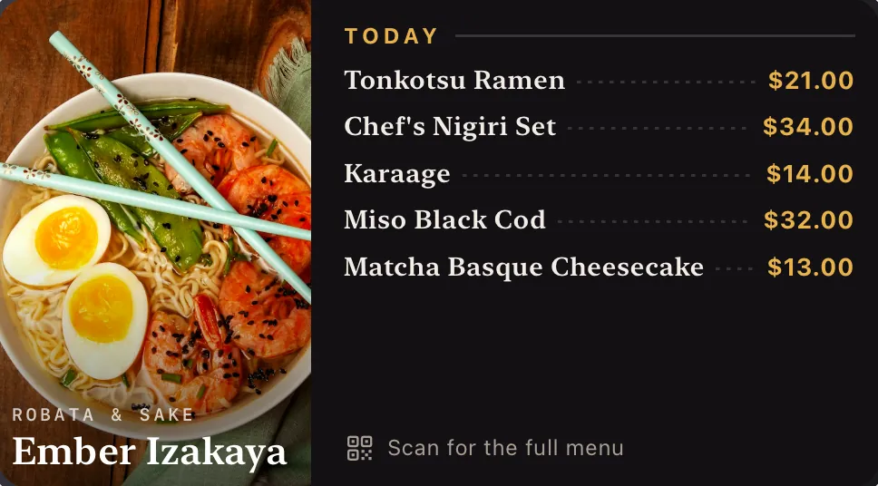 Ember Izakaya menu board on a TV
